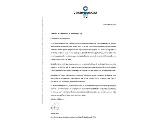 Carta de apoyo de Coordinadora a los estibadores portugueses