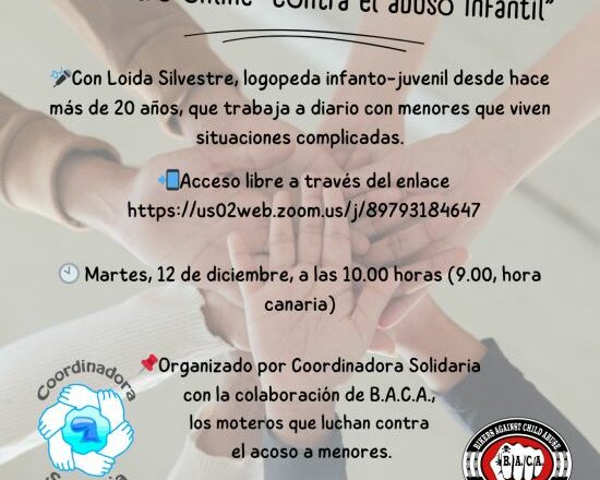 Coordinadora Solidaria y B.A.C.A. ofrecen un encuentro online ‘Contra el abuso infantil’