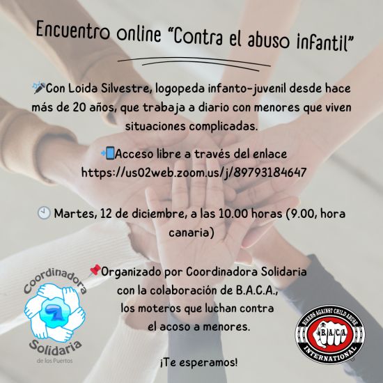 Coordinadora Solidaria y B.A.C.A. ofrecen un encuentro online ‘Contra el abuso infantil’