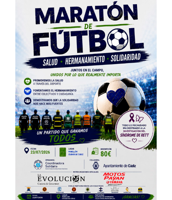 Coordinadora Solidaria organiza en Cádiz una maratón solidaria de fútbol sala para recaudar fondos destinados a la investigación del síndrome de Rett